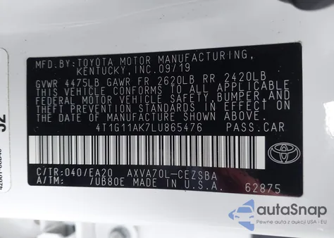 2020 Toyota Camry Se from USA, damaged, VIN 4T1G11AK7LU865476